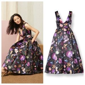 Cynthia Rowley Winter Floral Deep V Midi Dress Gown w/ Pockets